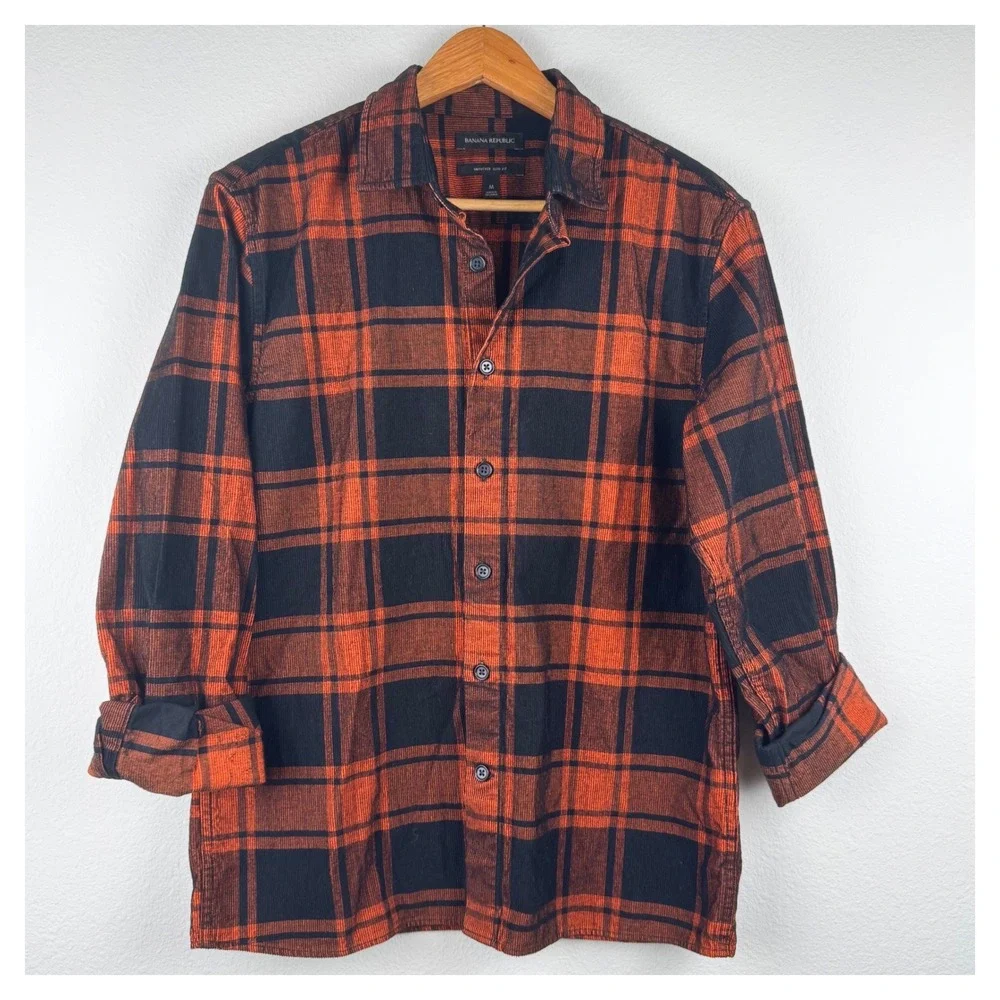 Banana Republic Shirt Mens M Orange Black Excellent Untucked Slim Fit Corduroy